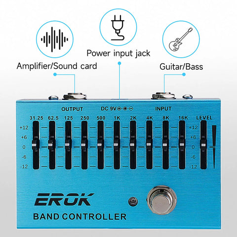 10 Band EQ Pedal For Electric Guitar And Bass With Independent Per Band Gain From 31.25 Hz To 16 kHz Up To 12 Decibels Boost Or Cut