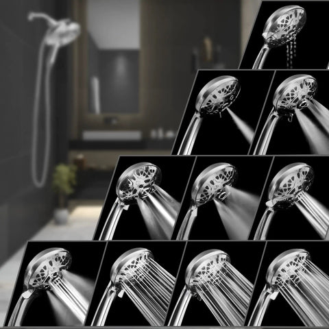 Two In One Shower Head With Rainfall And Handheld High Pressure 59 Inch Rotatable Stainless Steel Hose Easy Install Flexible Water Control Boss Level Spa Vibe Shower Experience Durable Shower Trim System showcasing various spray patterns.