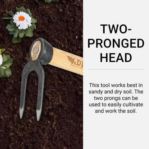 Heritage Garden Fork For Weeding And Digging, A Real Workhorse With Heavy Duty Wood Handle, dual-forged prongs in garden soil
