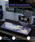 Premium Compact Wireless Mechanical Keyboard Equipped With Bright TFT Screen And Responsive Metal Dial For Quick Media Tweaks showing tri-mode connectivity with Mac and phone.
