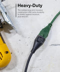 Heavy Duty 40 Foot Outdoor Extension Cord 16 AWG 3 Prong Grounded ETL Listed Green Power Cable connected to a tool