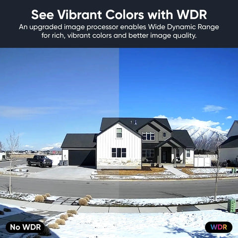 2.5K AI Security Camera For Indoor And Outdoor Home Surveillance No Subscriptions Required With Color Night Vision Baby Monitor And Pet Camera Free Expert Help Easy Setup displaying WDR effect on house