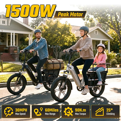 Family Cargo Ebike With Built In Child Seat And Rear Guardrail, 1500W Peak Motor, 20 Inch Fat Tires, Removable 48V 15Ah Battery, Dual Hydraulic Brakes, LCD And App Control, 7 Speed Step Through Electric Bicycle For Everyday Family Adventures, family on street