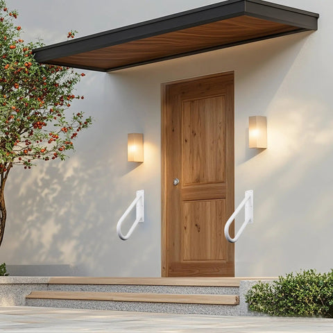 18 Inch Tough As Nails Metal Outdoor Handrail U Shaped White Powder Coated Wall Mount Stair Railing With Non Slip Grip near entrance.