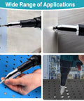 SignalSparkle Brushless Cordless Rivet Gun 21V with two batteries fastening stainless steel on various surfaces.