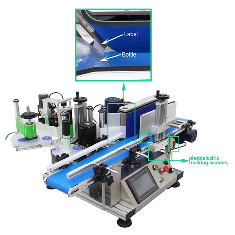Automatic Round Bottle Labeling Machine with encoder, smooth conveyor, tracks labels on bottles from 15 to 39 inches