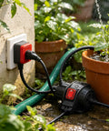 No Fuss Heavy Duty Three Prong Outdoor Extension Cord With Wet Resistant Inline Toggle and Fully Grounded Outlets, black and red switch, wet conditions.