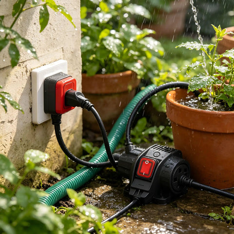 No Fuss Heavy Duty Three Prong Outdoor Extension Cord With Wet Resistant Inline Toggle and Fully Grounded Outlets, black and red switch, wet conditions.