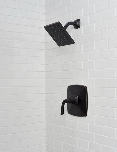 Bronson Shower Head And Valve Trim Kit, 1-Handle, Tuscan Bronze Finish, mounted on white tile, trim only, valve not included