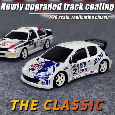 1/28 Scale RC Drift Car GTR 2.4GHz 4WD RTR With Gyro Drift Tires Realistic Body displayed on track