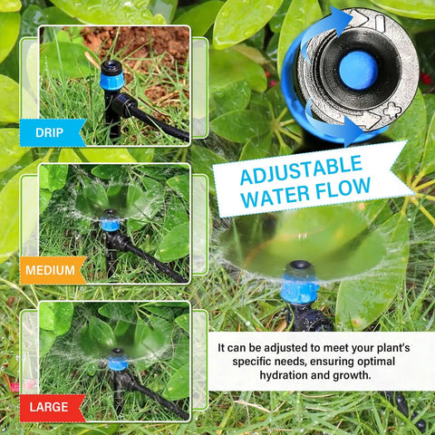 Adjustable water flow of 243 Foot Drip Irrigation Kit With Half Inch Hose And Quarter Inch Tubing Quick Connect Drip System