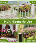 Two Pack 24 Inch Railing Planter Boxes With Coco Liners And Adjustable Brackets For Outdoor Balcony Fence Deck Porch And Garden, installed in various settings