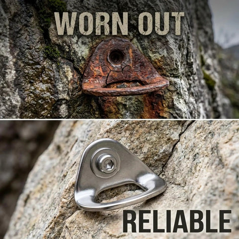 Comparison of worn out anchor plate and new Two Pack 316 Stainless Steel Anchor Plates For Rock Climbing 25KN Load Capacity With M10 Hole.