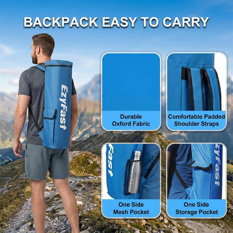 Man carrying Grab-And-Go Ultra Compact Backpack Canopy Pop Up Shelter For Outdoor Adventures, features oxford fabric and mesh pocket.