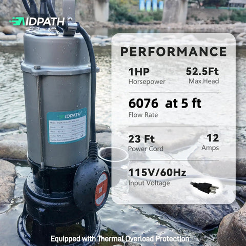 1HP Submersible Sewage Grinder Pump With Dual Stage Grinding, Stainless Steel Housing, shown in outdoor setting, performance specs visible.