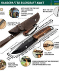 Full Tang Bushcraft Knife 9.8 Inch With Fire Starter And Leather Sheath - 5 Inch Carbon Steel Fixed Blade details displayed