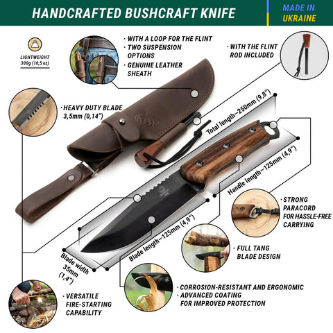 Full Tang Bushcraft Knife 9.8 Inch With Fire Starter And Leather Sheath - 5 Inch Carbon Steel Fixed Blade details displayed
