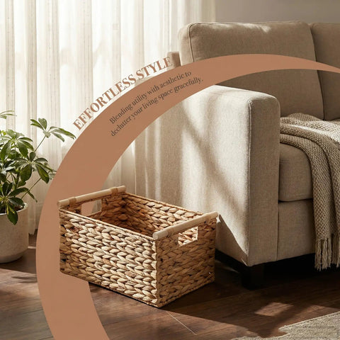 Natural Water Hyacinth Storage Baskets With Handles For Organizing Towels In Bathrooms And Your Go To Home Organizer beside sofa.