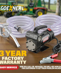 No Fuss 12V DC Fuel Transfer Pump 15 GPM Self Priming Diesel Pump Kit with copper motor and hoses on a wooden surface.