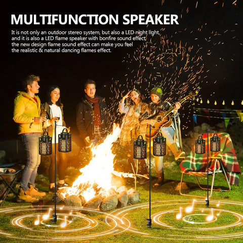 Lit LED Atmosphere Speaker 2 Pack Waterproof Outdoor Bluetooth Speaker With Torch Light And LED Lantern around campfire