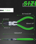 5 Inch Mini Round Nose Pliers for Jewelry Making with Tapered Jaw and Micro Fine Precision Tips; dimensions illustrated.