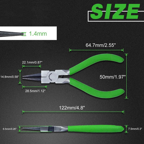 5 Inch Mini Round Nose Pliers for Jewelry Making with Tapered Jaw and Micro Fine Precision Tips; dimensions illustrated.