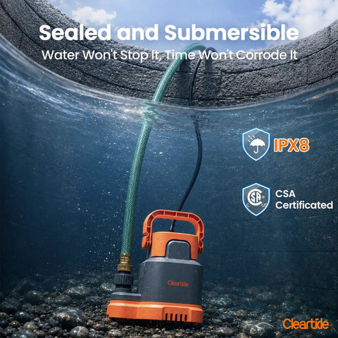 No Fuss Submersible Utility Water Pump 2760 GPH Portable Sump Pump with Copper Motor submerged in water for drainage