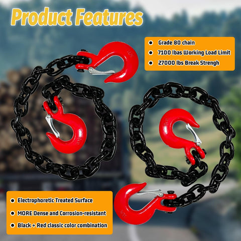 2 Pack Three Eighth Inch G80 Trailer Safety Chains 36 Inch With G70 Clevis Hooks 7100 Lb Working Load 27000 Lb Break Strength Beefy Heavy Duty