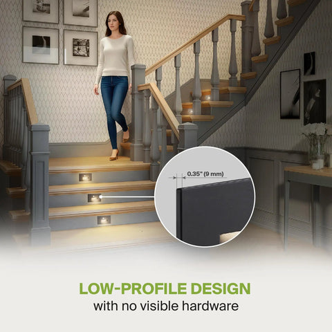 Hardwired Recessed Stair Step Light Kit For Indoor Outdoor Use 3CCT (3000K-5000K) Motion Sensor Waterproof ETL Listed 3W 120LM Black Finish 4 Pack shown lighting stairs