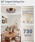 20-Inch Caged Ceiling Fan With Light And Remote in farmhouse kitchen, black and brushed gold, flush mount, bulb details shown