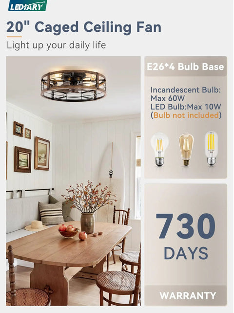 20-Inch Caged Ceiling Fan With Light And Remote in farmhouse kitchen, black and brushed gold, flush mount, bulb details shown