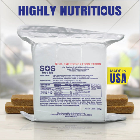 Lifesaver Emergency 3600 Calorie Food Bar Rations Kit For 72 Hour Pack, silver package with nutrition facts label, USA made.