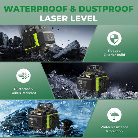 Pro Grade 16 Line Laser Level 360 Self Leveling with waterproof and dustproof features shown on rugged terrain.