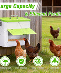 Heavy Duty Automatic Chicken Feeder With Weather Sealed Lid And Lockable Rodent Proof Door For Zero Waste Hanging Backyard Poultry Feed Hopper with green lid.