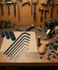7 Piece Black Mini Micro Hex Allen Key Set Wrench Screwdriver Tool Kit Hand Tools For DIY Pros Pro Grade Tightening And Small Part Repairs In A Compact Bundle displayed on a workshop table.