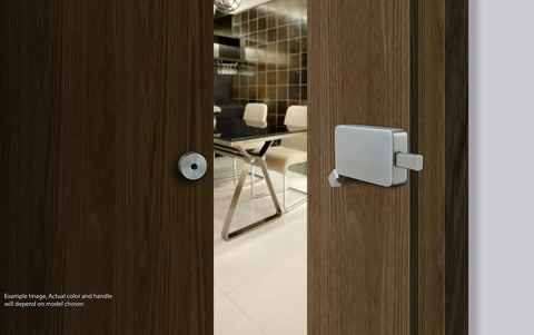 Surface Jamb Mount Door Lock For Barn And Interior Doors One Touch Privacy Latch installed on a wooden door, satin stainless steel