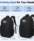 Two black military tactical backpacks with laser cut MOLLE webbing, featuring dimensions and features like multi-compartments and water-resistance.
