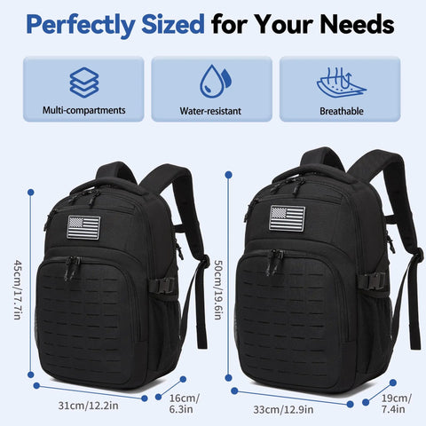 Two black military tactical backpacks with laser cut MOLLE webbing, featuring dimensions and features like multi-compartments and water-resistance.