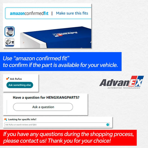 AdvanEX automotive packaging with Amazon confirmed fit and contact info for Hengxiang Parts.