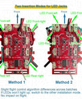 Diagram showing two insertion modes for LED jacks on a drone control board, explaining Method 1 and Method 2 for proper LED placement.