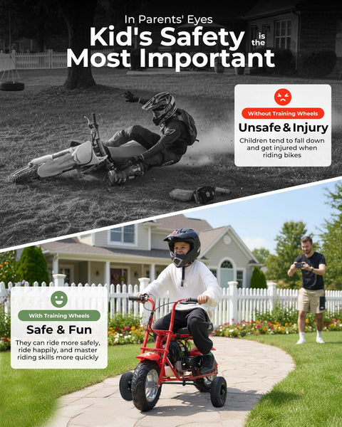 Child riding mini bike with 4PR Dirt Bike Training Wheels Kit With Adjustable Height For Mini Bikes And Dirt Bikes Kid Friendly