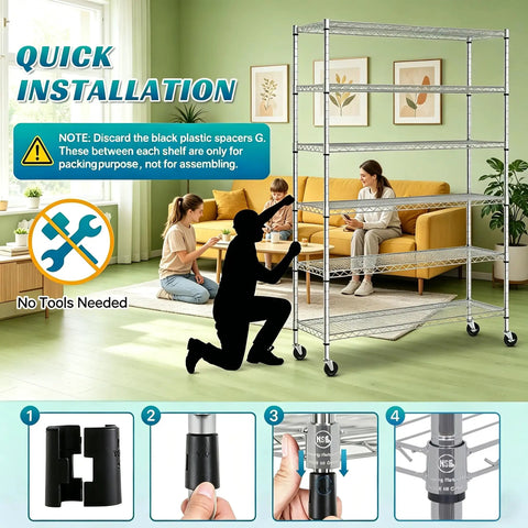 Beefy 6-Tier Wire Shelving Unit With Wheels, 6000 lb Capacity Steel Rack for Garage and Shop, Adjustable NSF Shelves, Black Finish, 48L X 18W X 72H, Quick Snap Assembly No Tools Required installed in living room