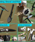 Survival kit with black folding shovel and pick, compact folding knife, and 14-in-1 hatchet for outdoor camping