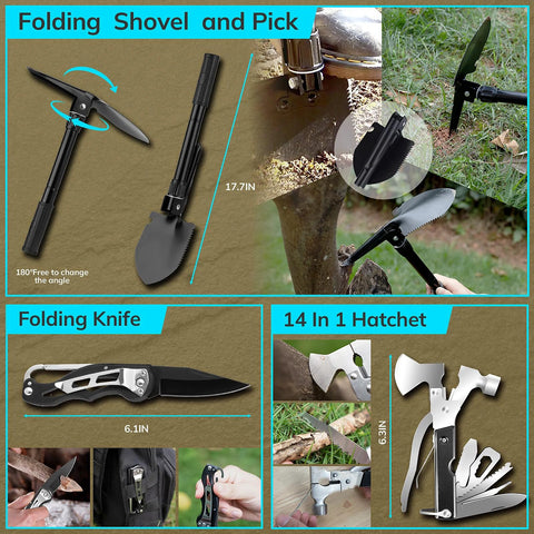 Survival kit with black folding shovel and pick, compact folding knife, and 14-in-1 hatchet for outdoor camping