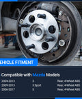 Rear Wheel Bearing And Hub Assembly 5 Lug With ABS Replacement For Mazda 3 2004 2013 Mazda 3 Sport 2009 2013 And Mazda 5 2006 2017 Rear Left Right 4 Wheel ABS, installed, close-up view
