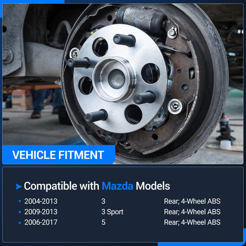 Rear Wheel Bearing And Hub Assembly 5 Lug With ABS Replacement For Mazda 3 2004 2013 Mazda 3 Sport 2009 2013 And Mazda 5 2006 2017 Rear Left Right 4 Wheel ABS, installed, close-up view