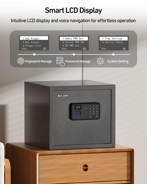 Smart Gun Safe For Multiple Pistols With Automatic Lock LCD Display And Voice Guide on wooden cabinet