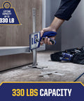 IRWIN Quick-Lift hand lifting jack, blue and silver, used to lift cabinets, 330 lb capacity