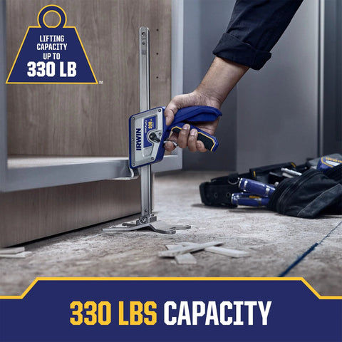 IRWIN Quick-Lift hand lifting jack, blue and silver, used to lift cabinets, 330 lb capacity