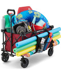 Heavy Duty Collapsible Outdoor Utility Wagon With Oversized 36 By 21 By 15 Bed And 150 Pound Capacity Red Foldable Rolling Cart With Cup Holders And Pockets For Beach Camping Sports Or Picnics filled with beach gear
